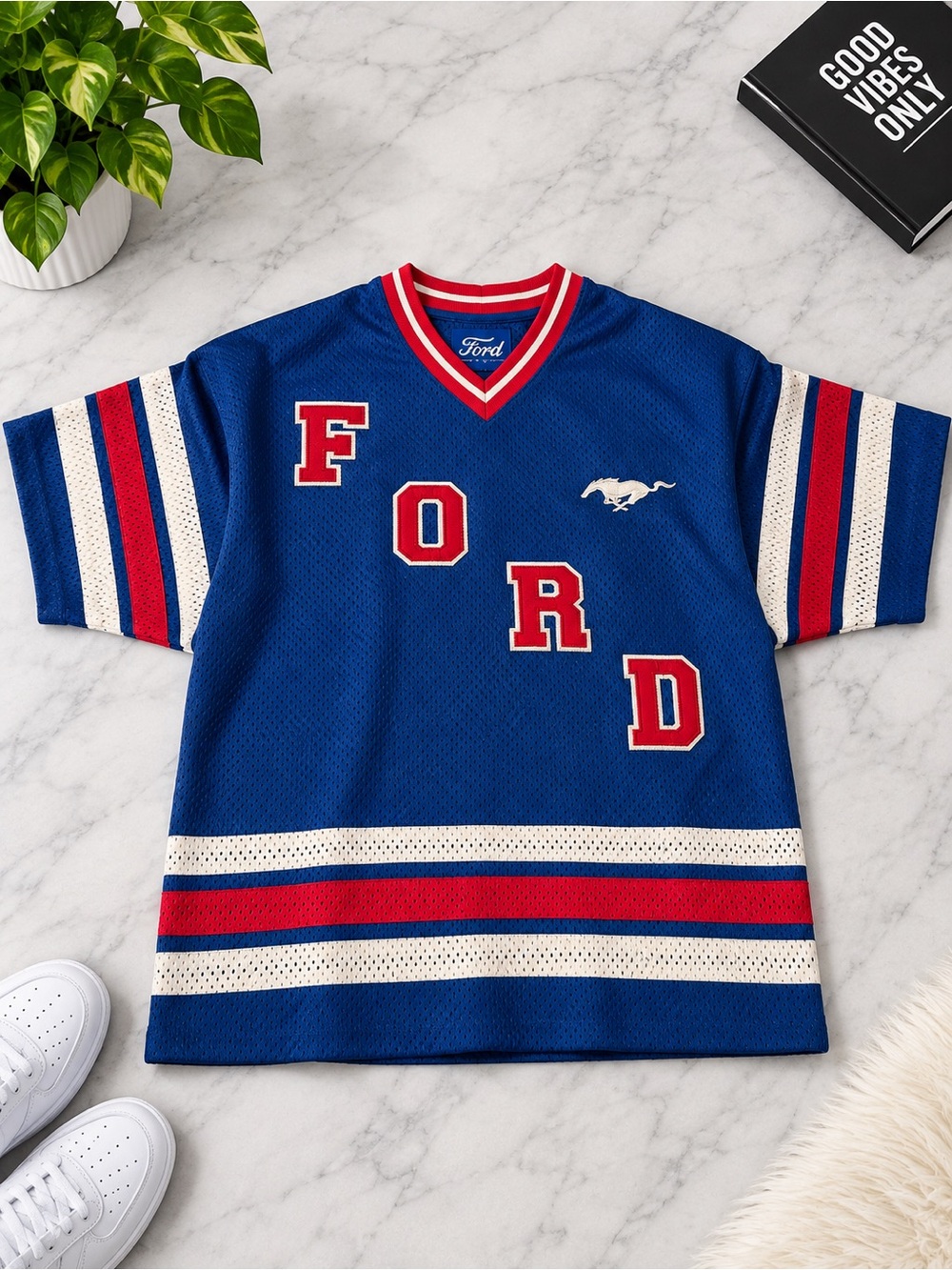 Ford Men's Royal Blue V-Neck Sweater with Red & White Stripes